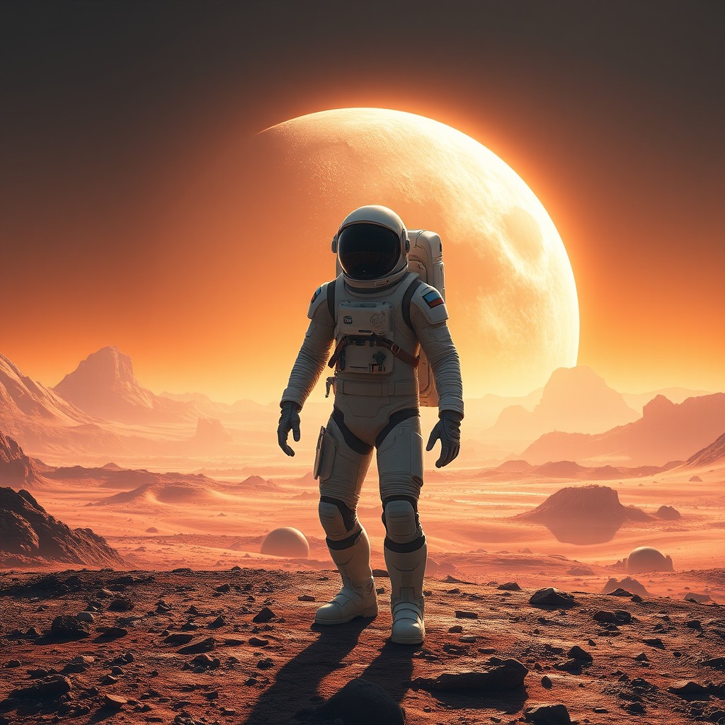 sci-fi astronaut standing on alien planet, epic scale, dramatic lighting, ultra realistic