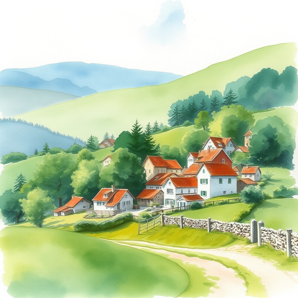 watercolor painting of a countryside village, soft brush strokes