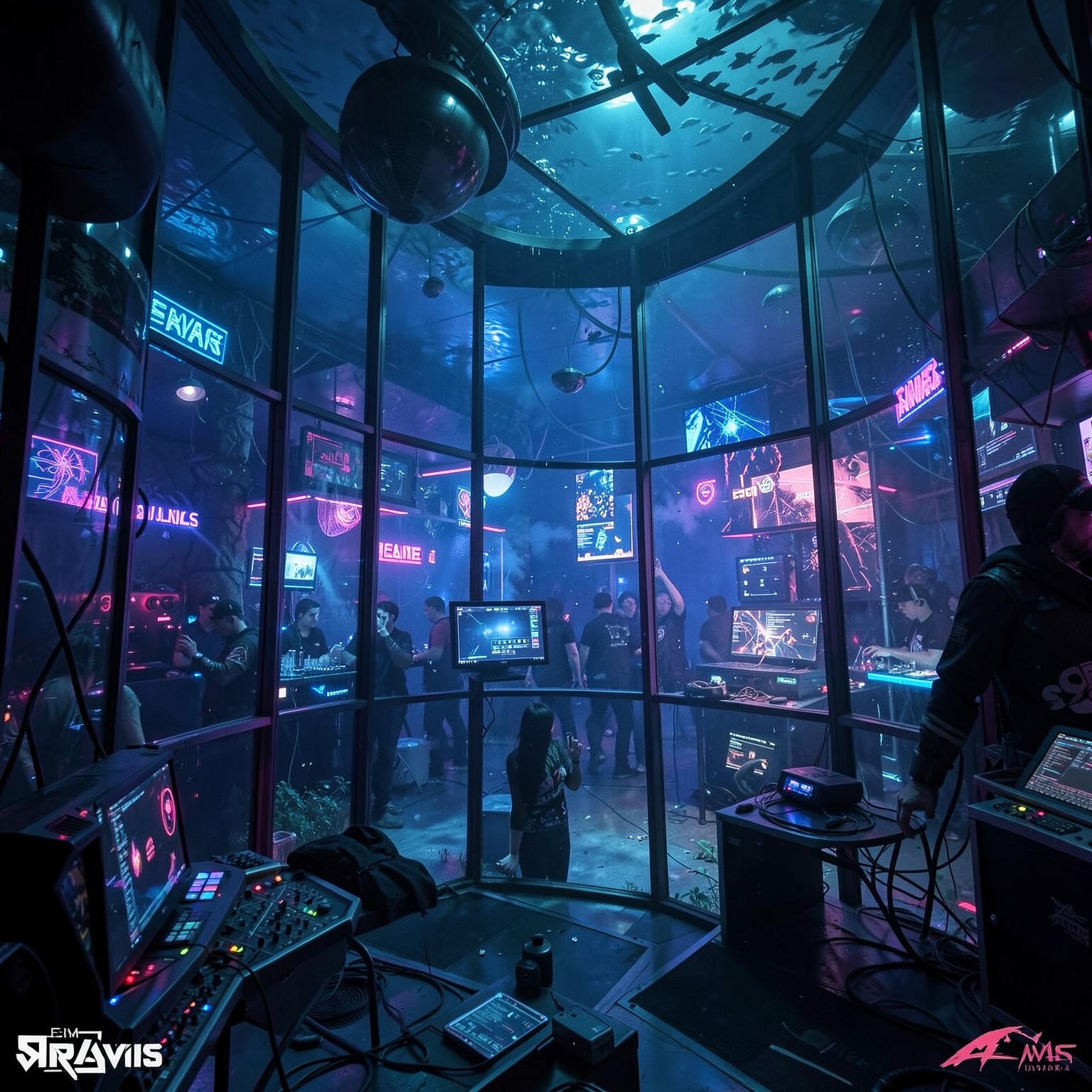 Underwater cyberpunk nightclub with glass walls