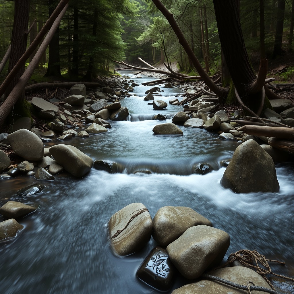 Realistic photograph of a forest river crossing over smooth stones, natural reflections