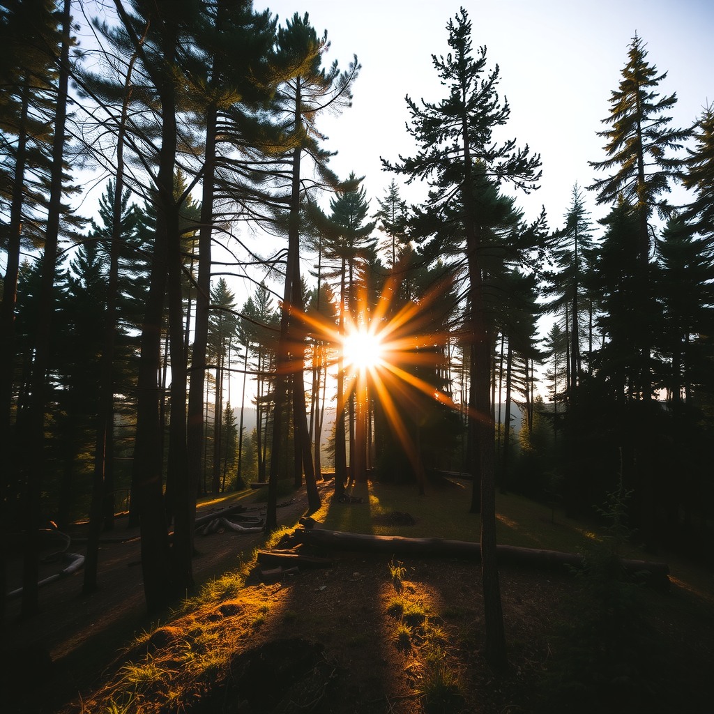 Realistic forest clearing illuminated by late afternoon sun, natural contrast