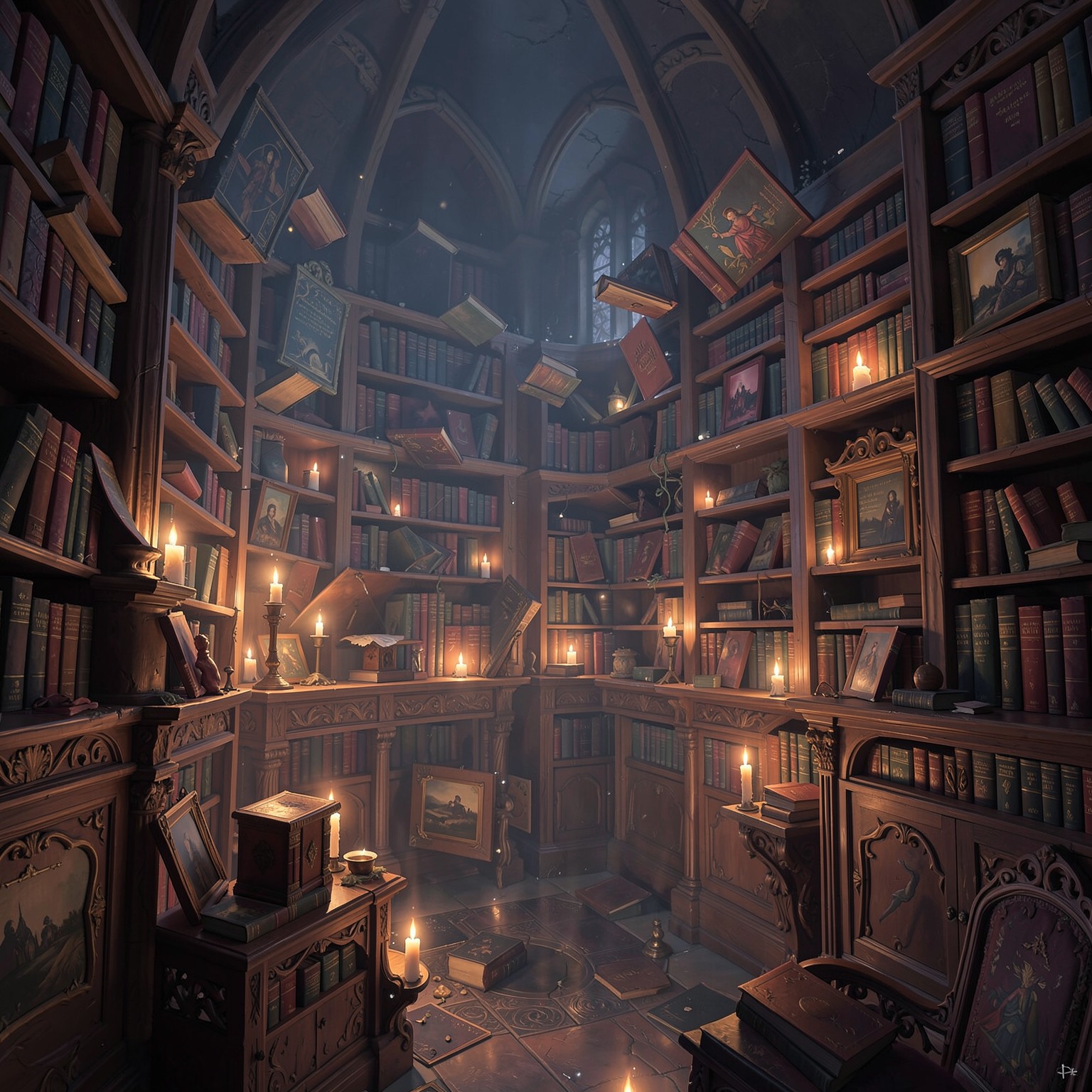magical library with floating books and candles