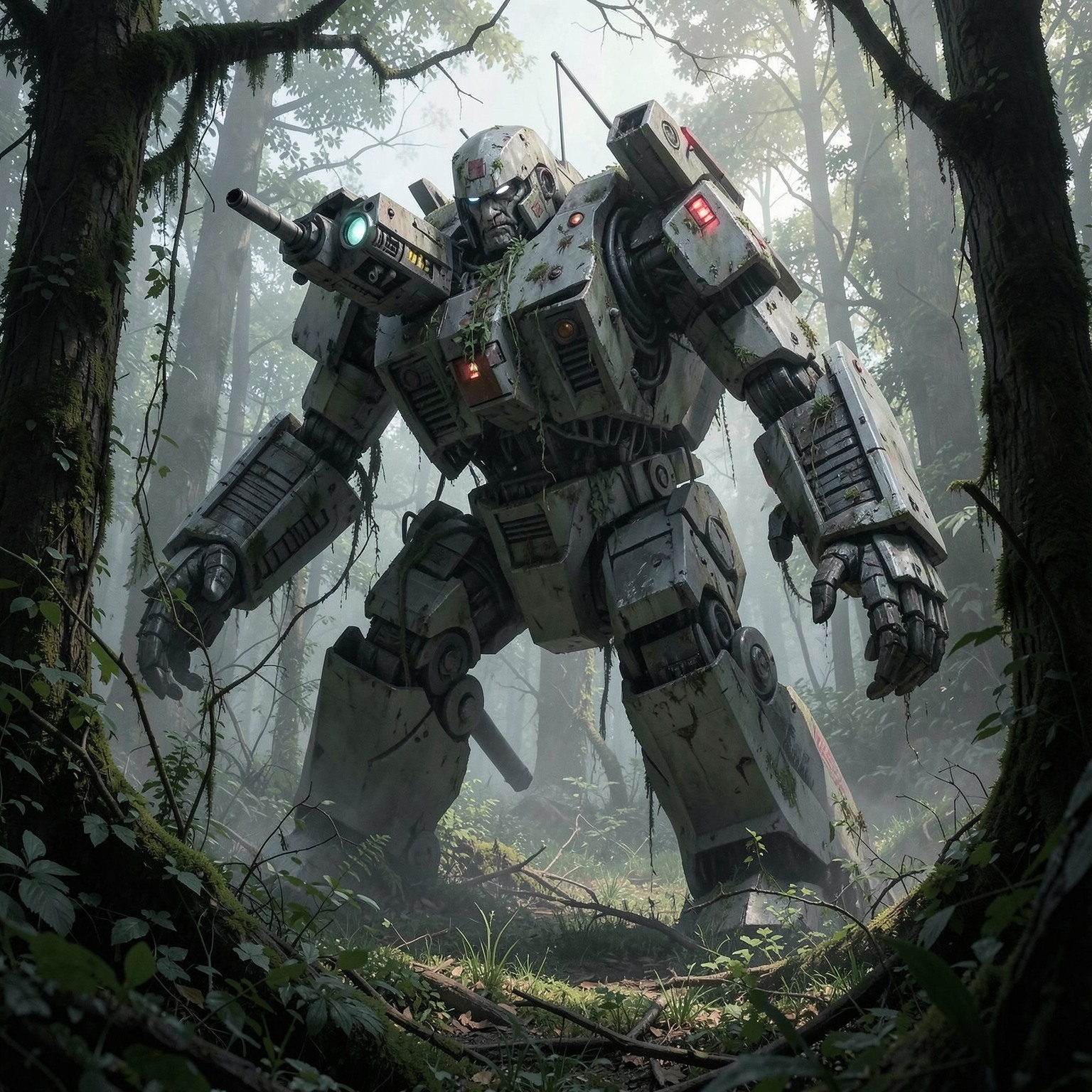 Giant robot abandoned in overgrown forest