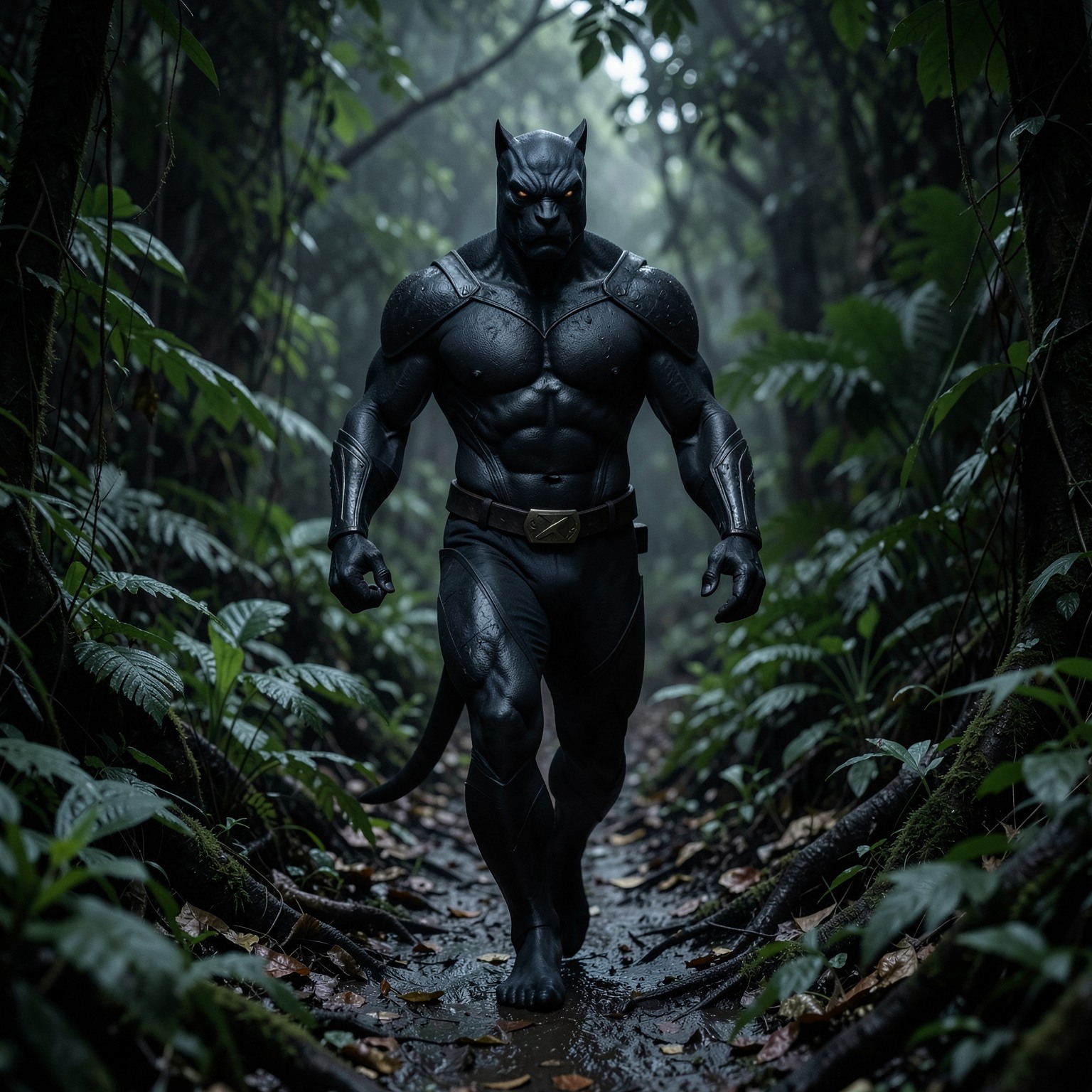 realistic black panther walking through dark jungle