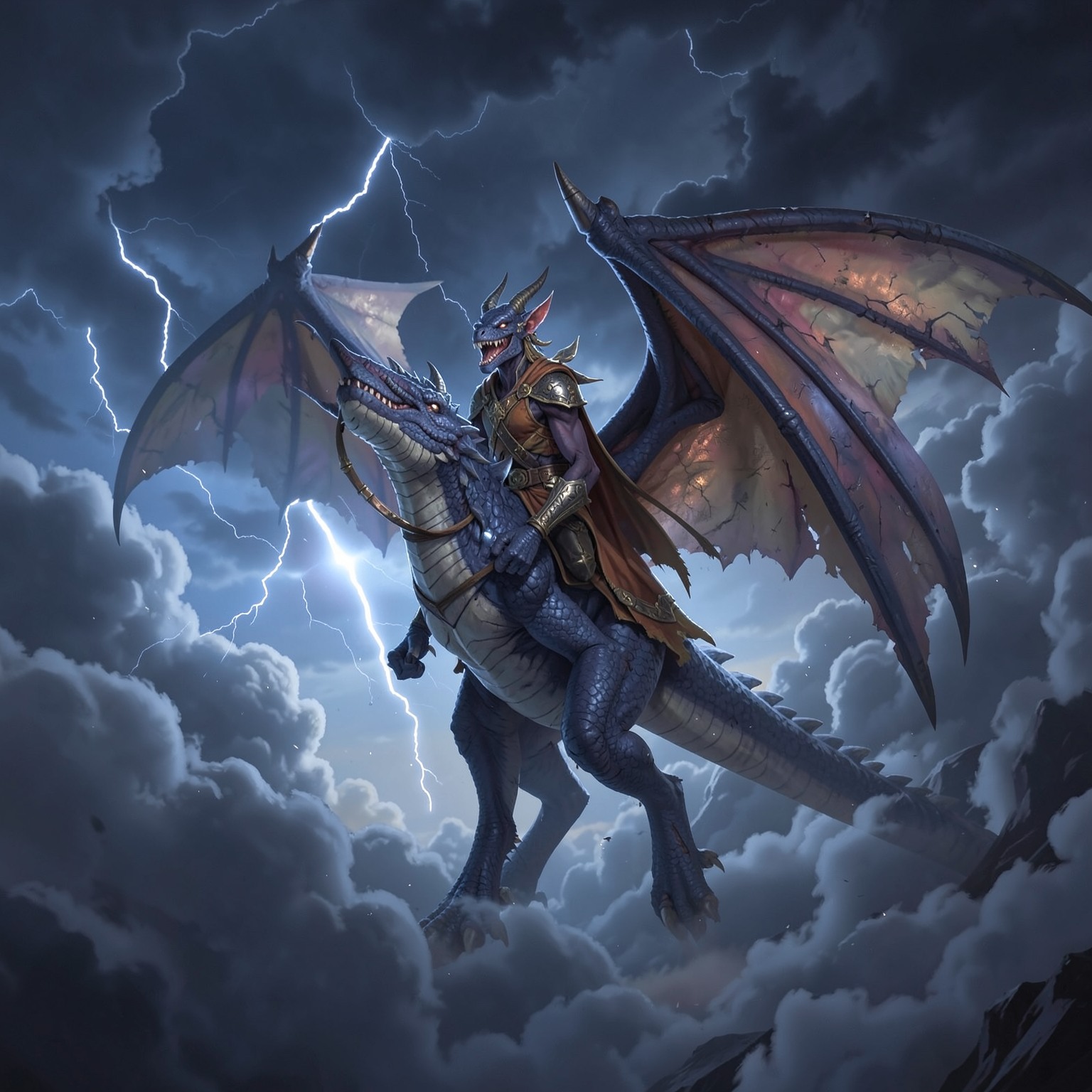 Fantasy dragon rider above storm clouds