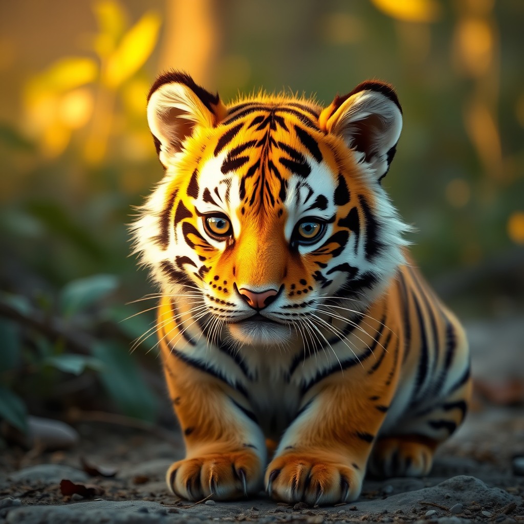 chubby tiger, golden hour light, kawaii aesthetic
