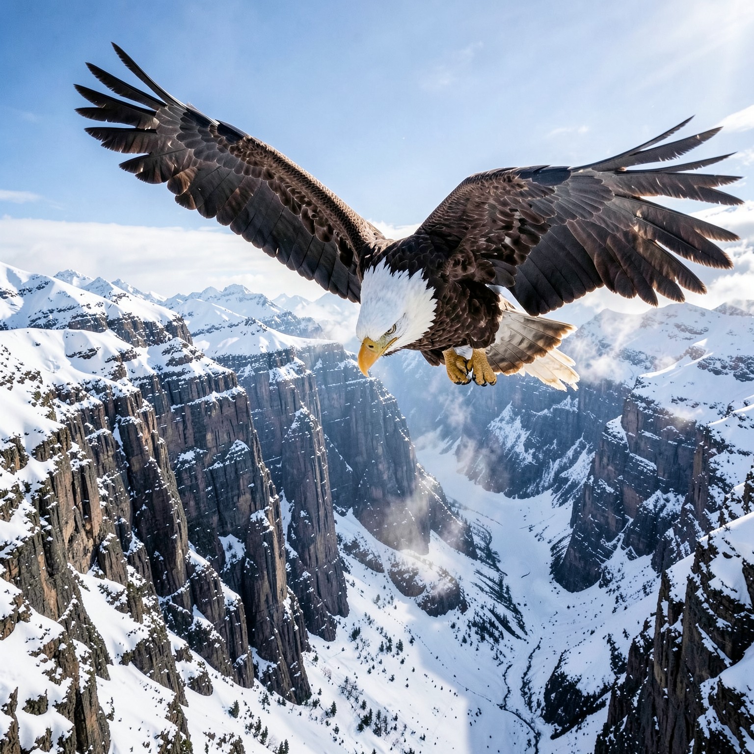 Giant eagle flying above snowy cliffs