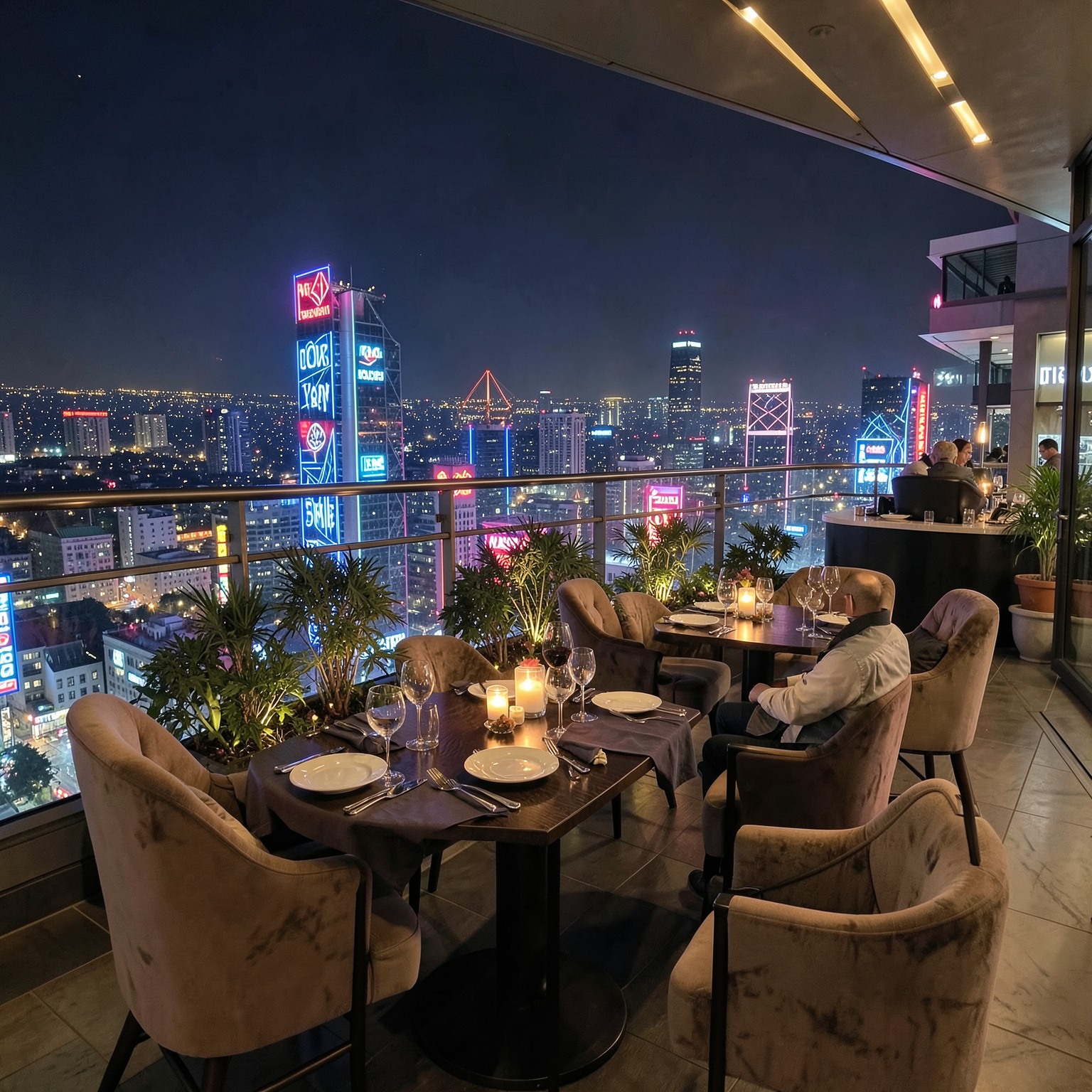 luxury rooftop restaurant overlooking neon city