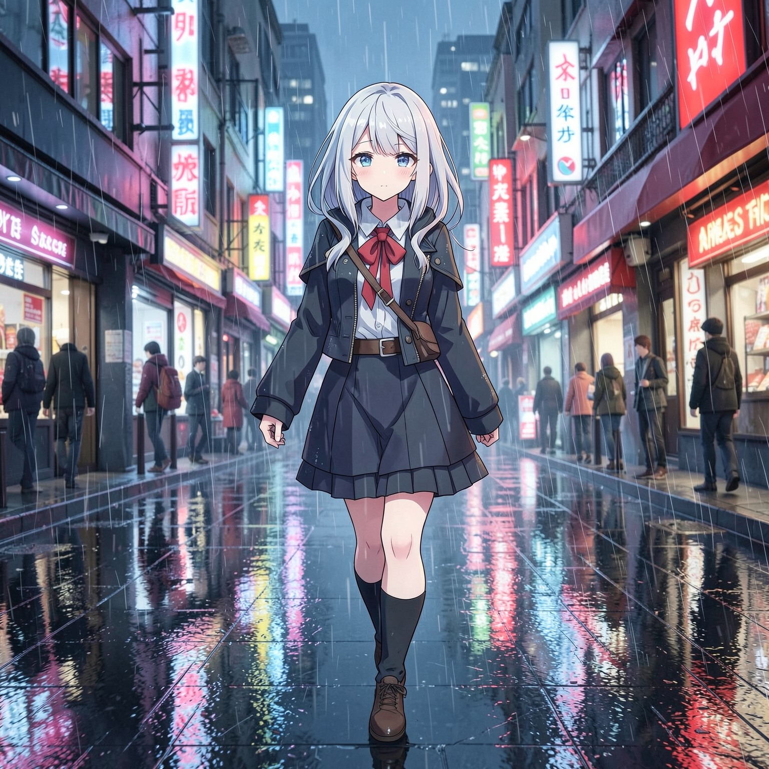 anime girl with white hair walking through rainy neon streets, detailed reflections