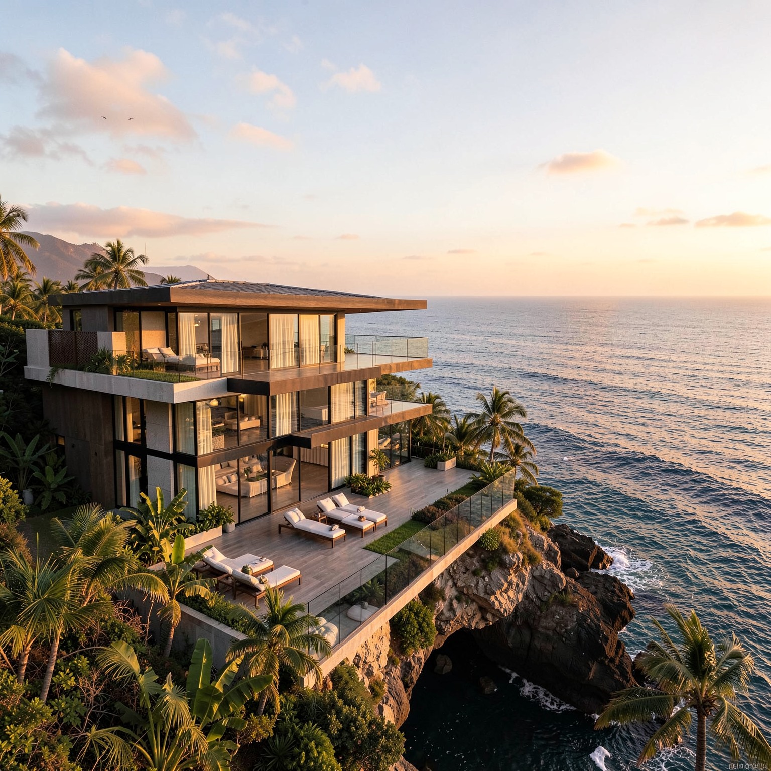 luxury modern villa above the ocean during sunset, realistic architecture, golden hour