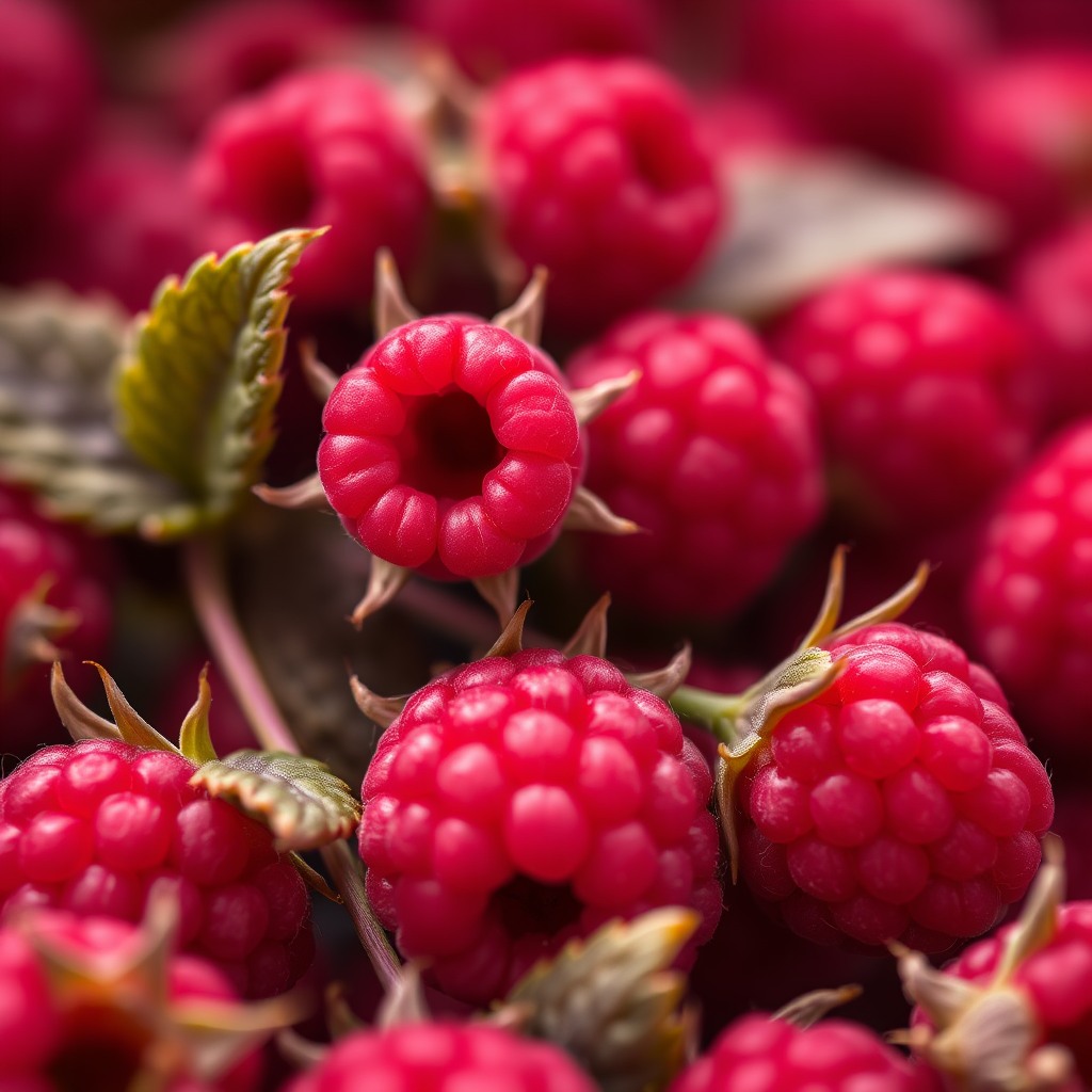 raspberries close-up, shallow depth of field, vibrant red tones
