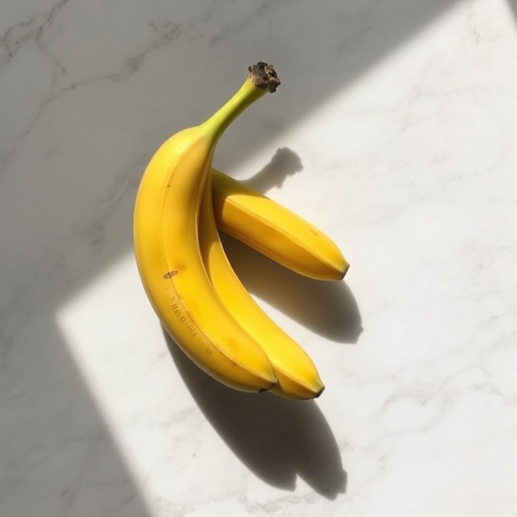 ripe bananas on marble surface, minimalist composition, soft shadows