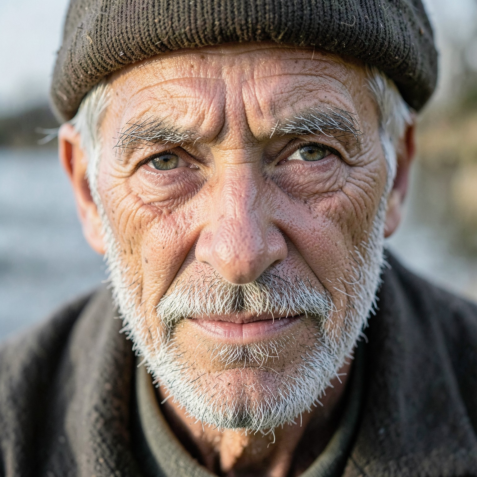 realistic close-up portrait of old fisherman with weathered skin