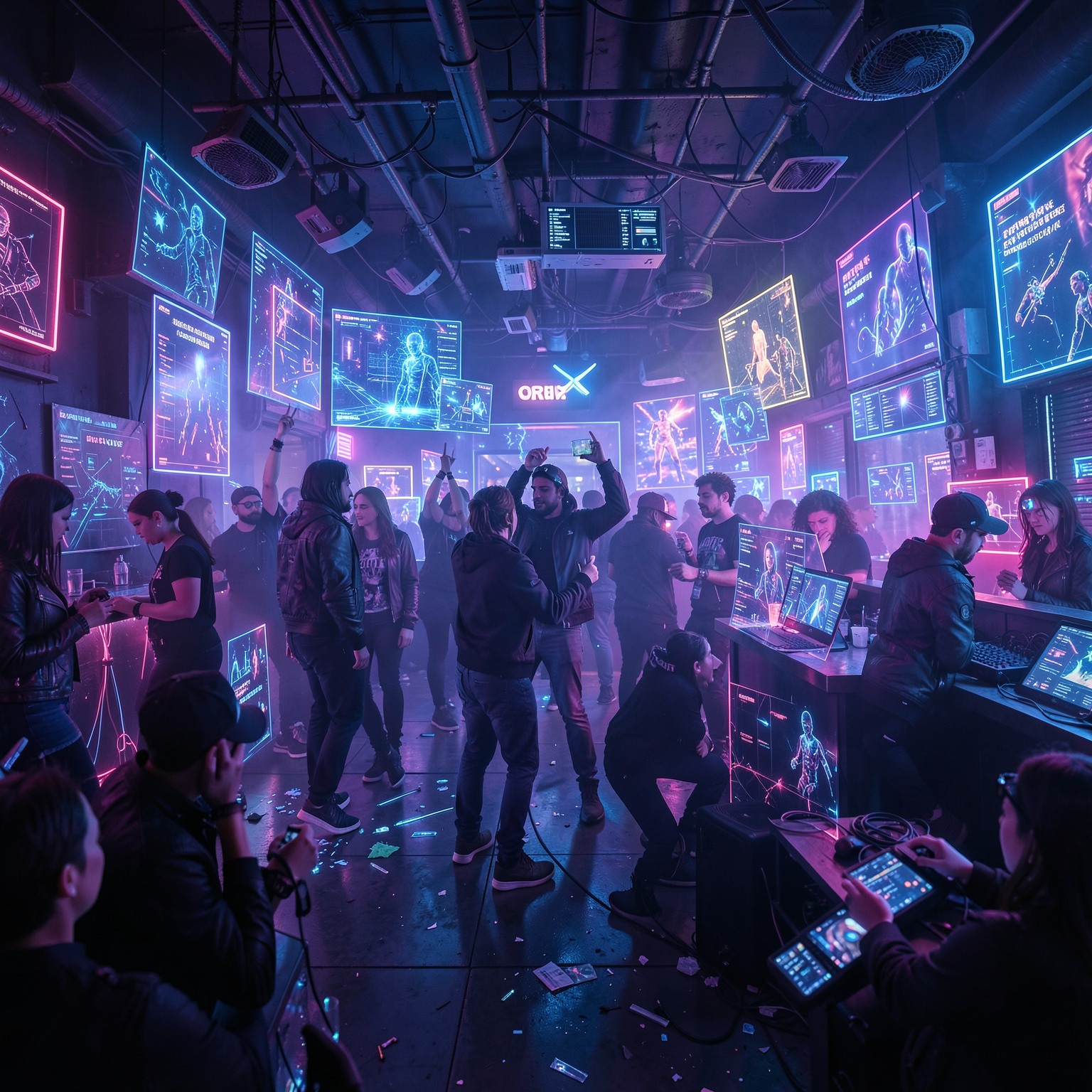 cyberpunk nightclub full of holograms and neon