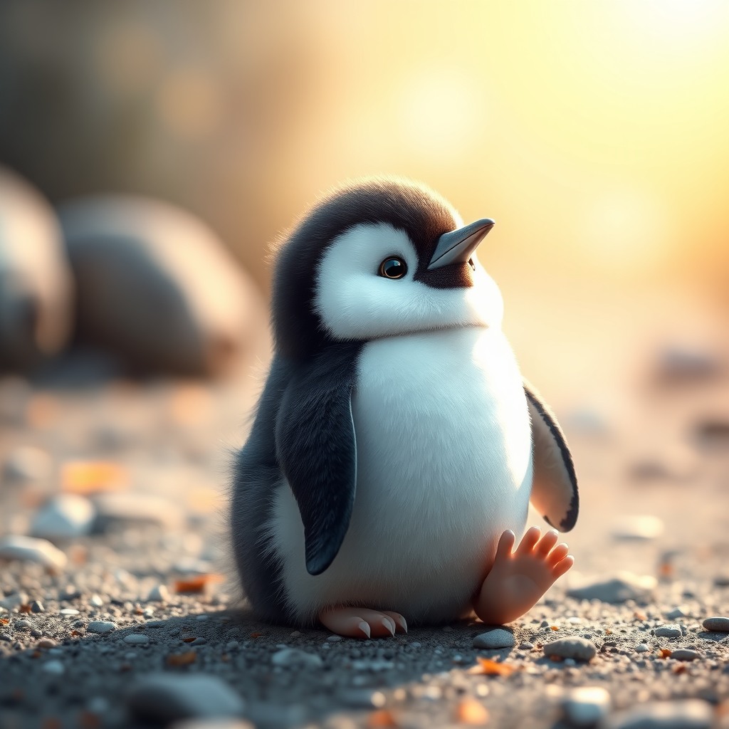 chubby penguin, soft natural daylight, kawaii aesthetic