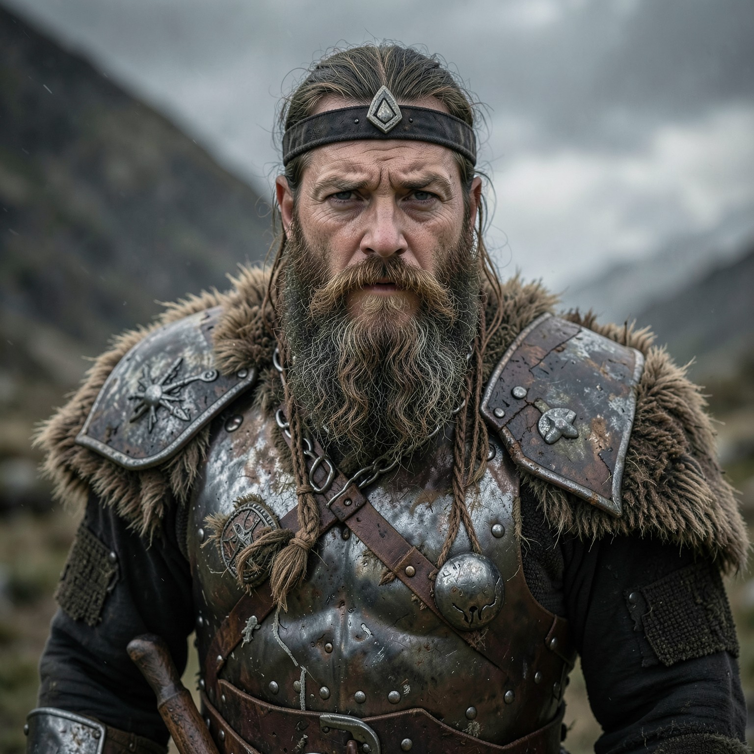 cinematic portrait of a Viking warrior with detailed beard and armor
