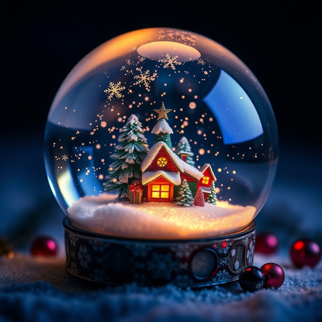christmas snow globe macro shot, ultra detailed, studio lighting