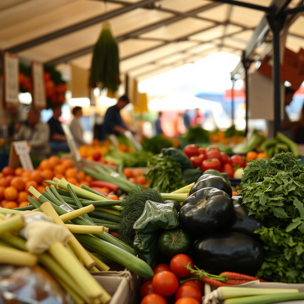 farmers market vegetables, natural light, documentary style