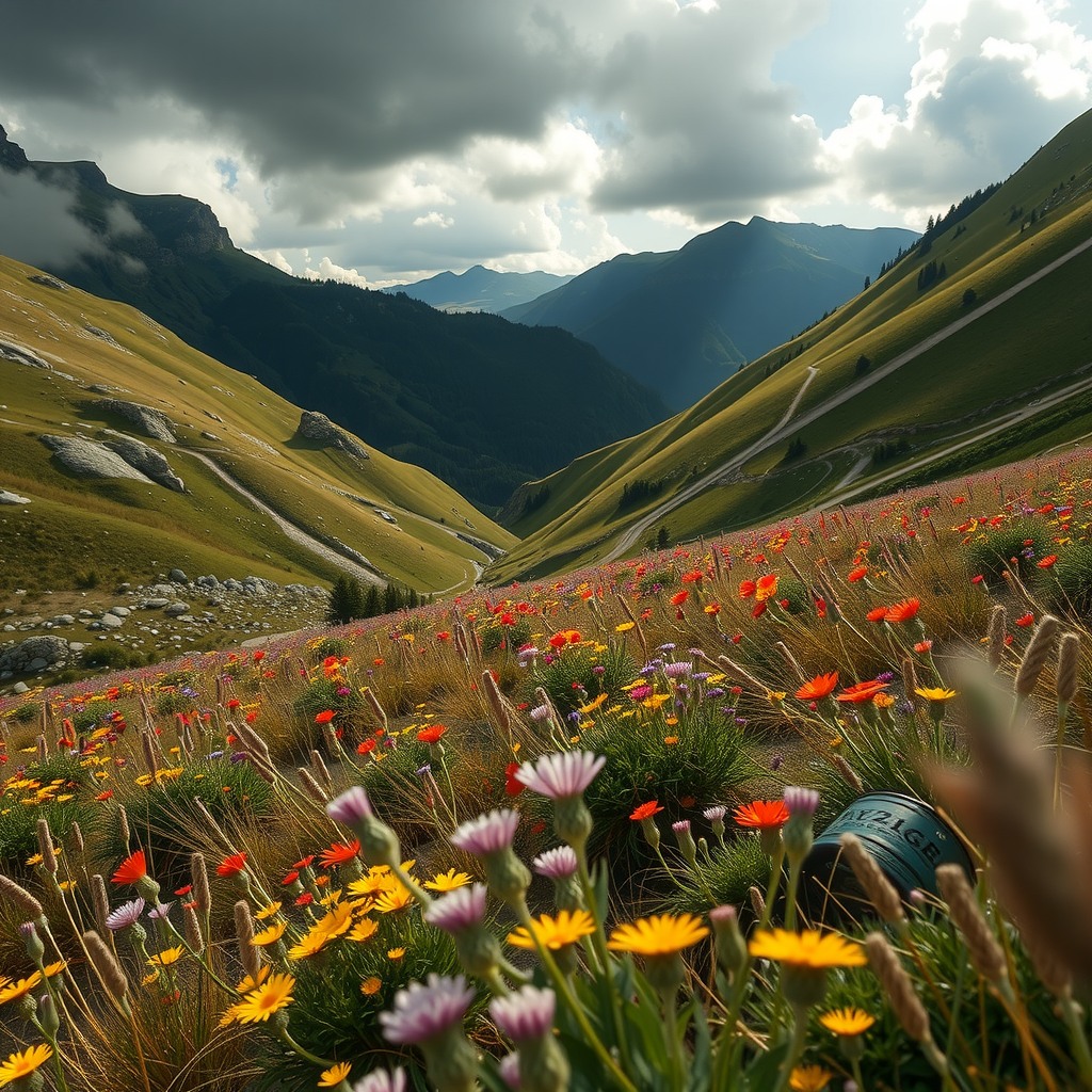 Photo-realistic editorial photography, realistic scene representing valley with wildflowers