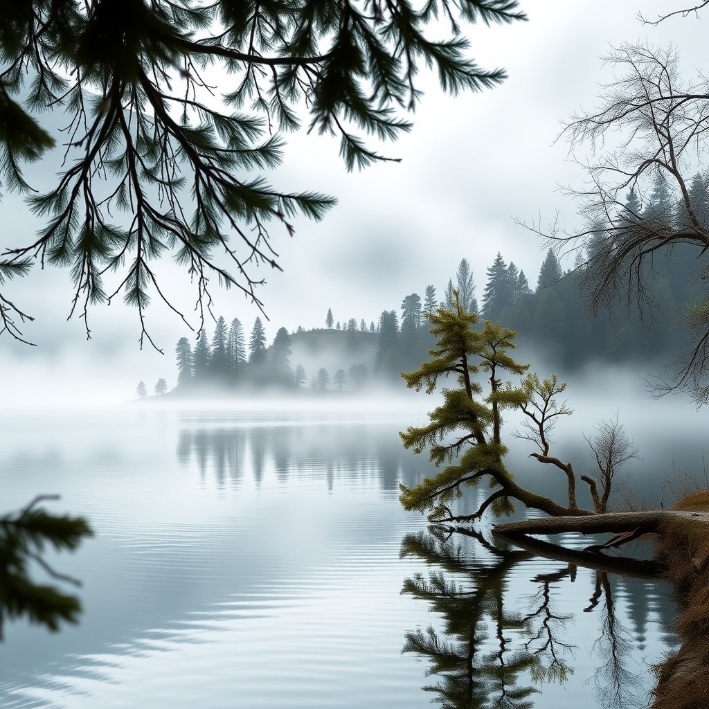 Photo-realistic editorial photography, realistic scene representing misty lake