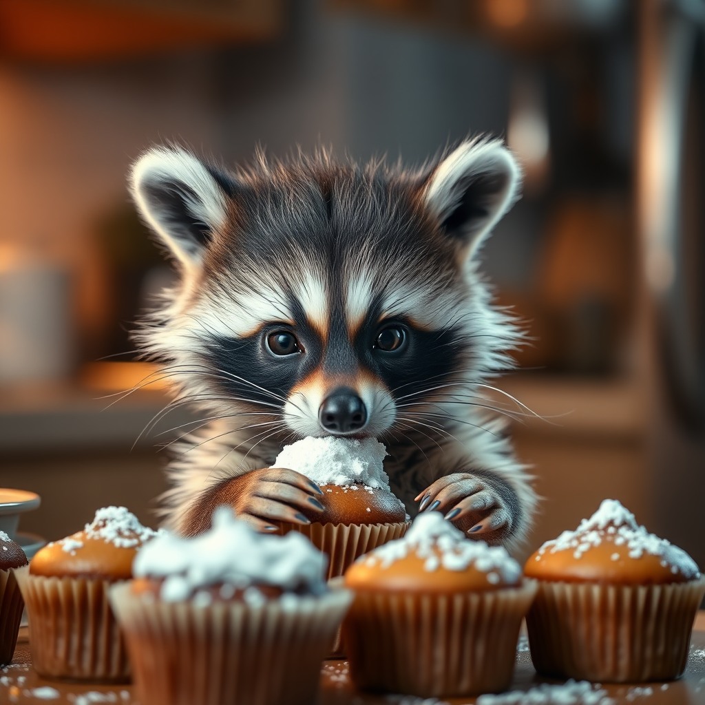 adorable baby raccoon baking cupcakes, flour on nose, cozy kitchen, warm soft light, ultra detailed fur, shallow depth of field, cute cinematic style
