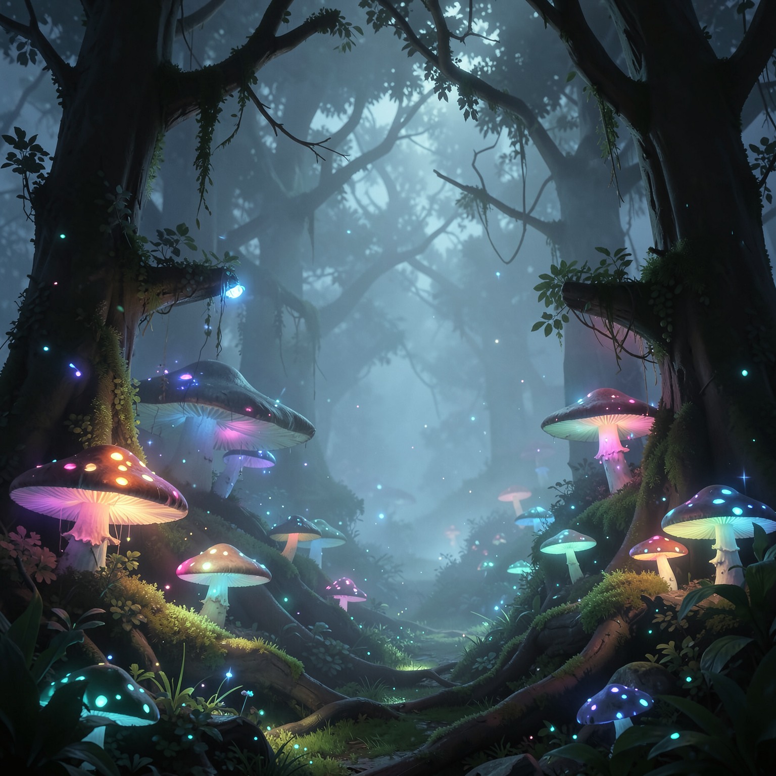 enchanted forest with glowing mushrooms and magical fog