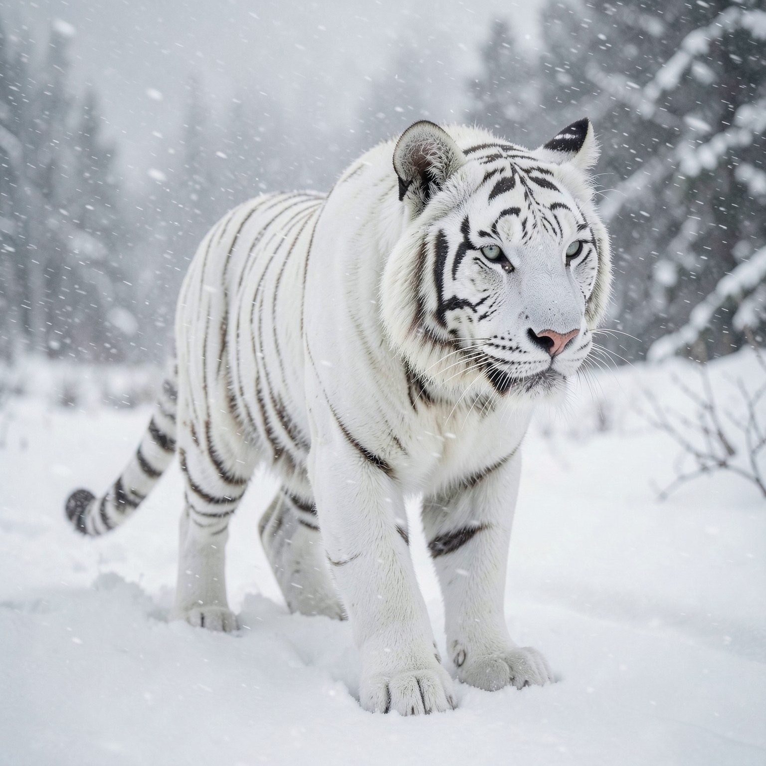 Hyper realistic white tiger in snowstorm
