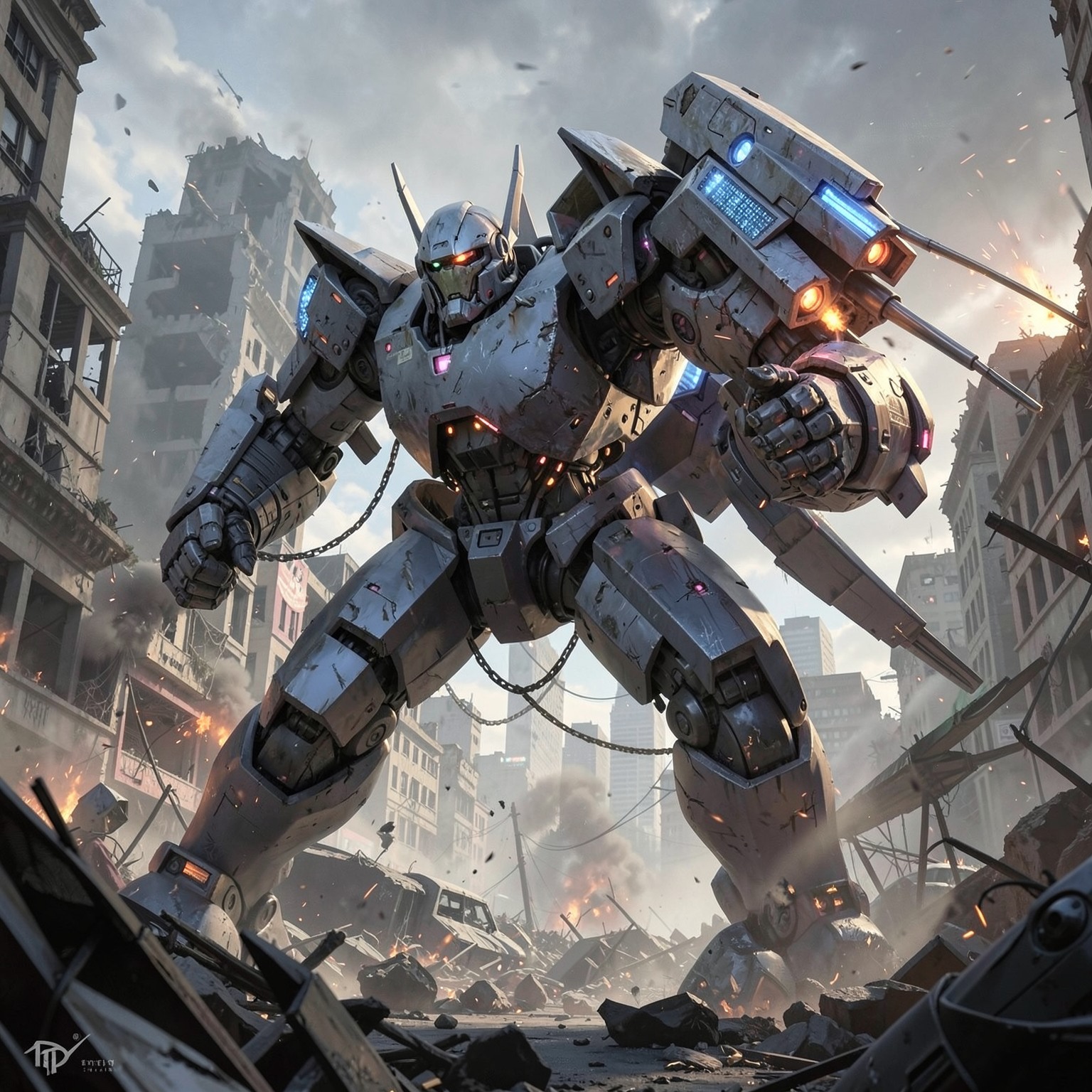 Giant mech robot fighting in destroyed city