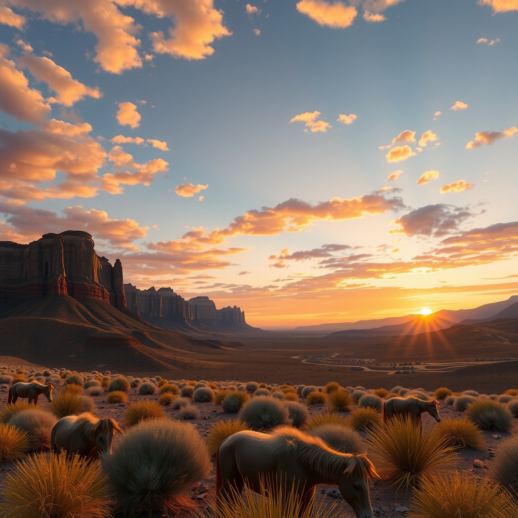 Photo-realistic editorial photography, realistic scene representing sunset valley