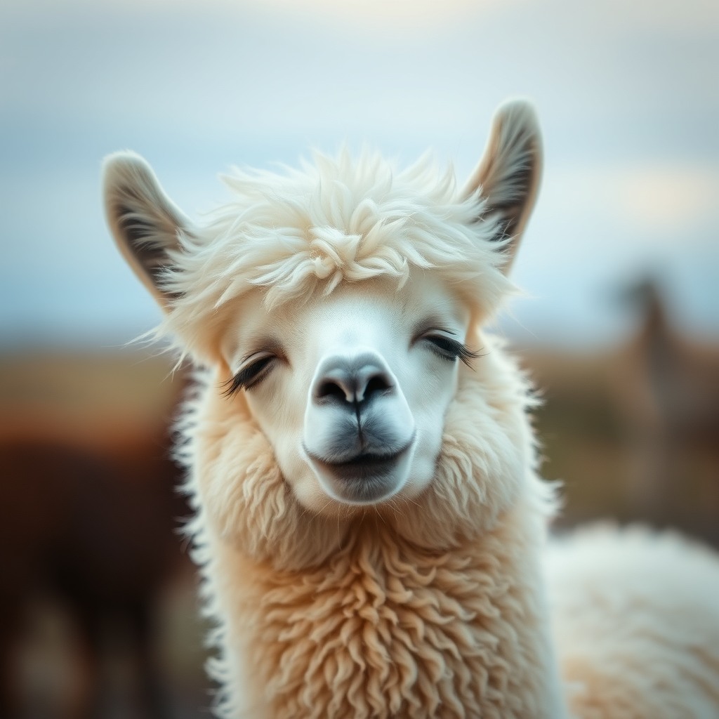sleepy alpaca, cinematic depth of field, kawaii aesthetic