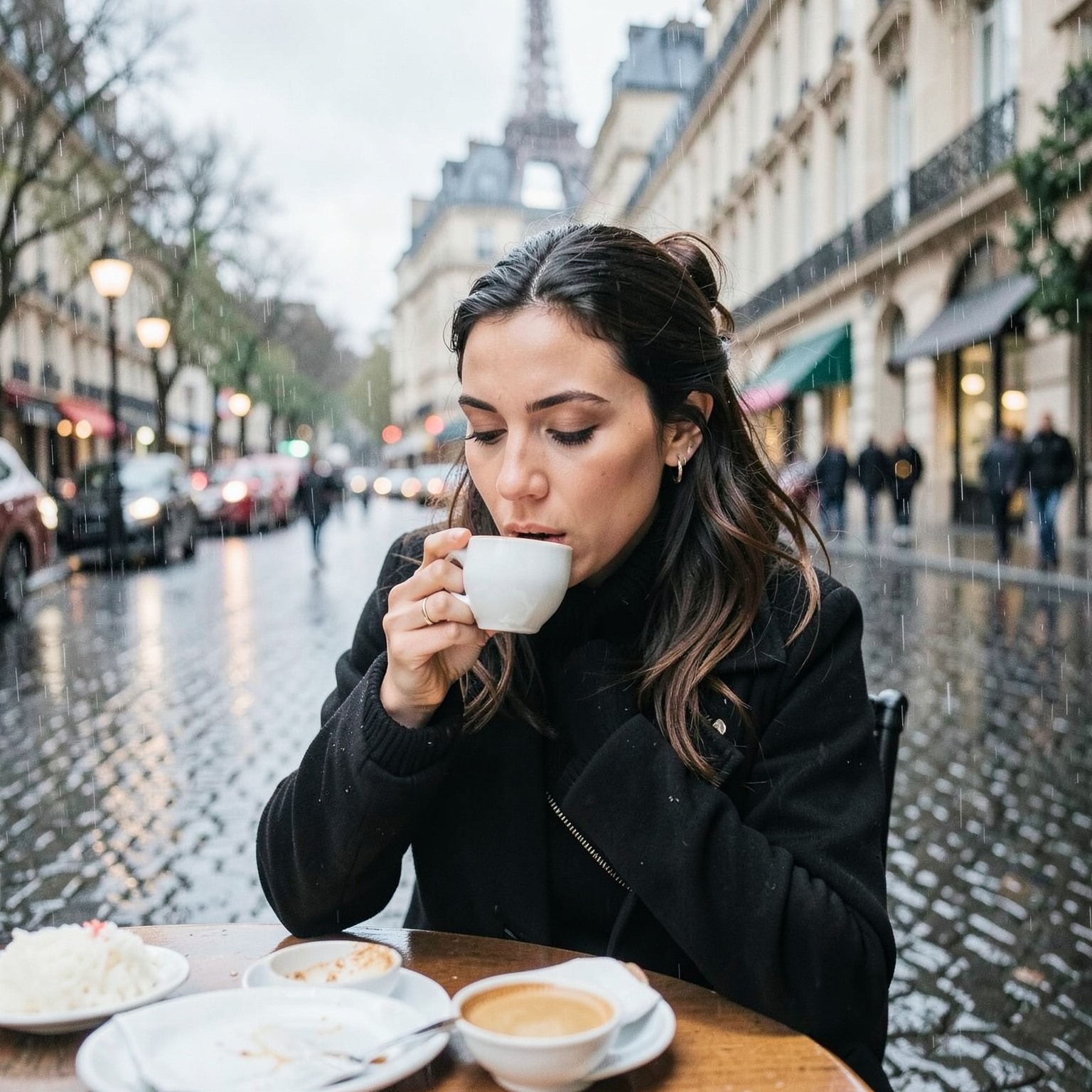 Stylish woman drinking coffee in Paris during rain, candid street photography aesthetic