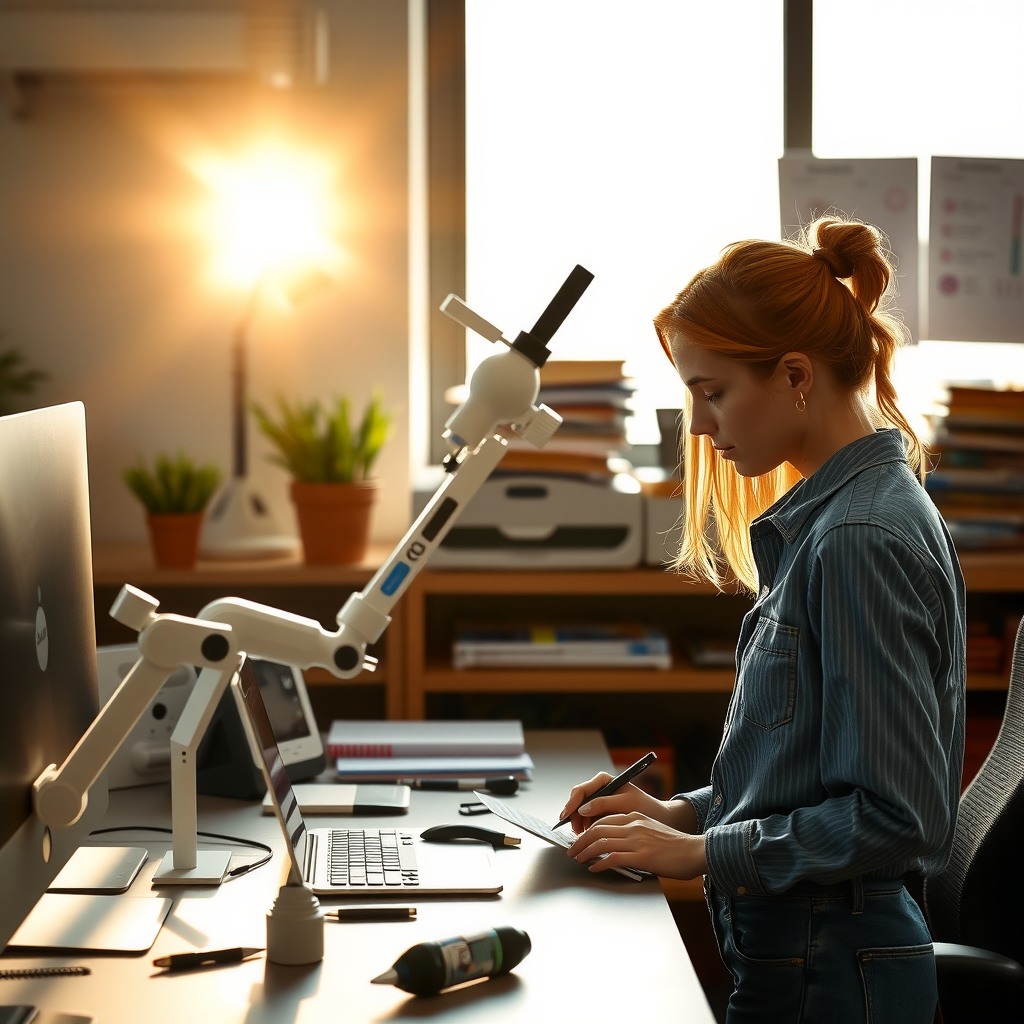 Photo-realistic editorial photography, realistic scene representing a woman preparing workspace in morning