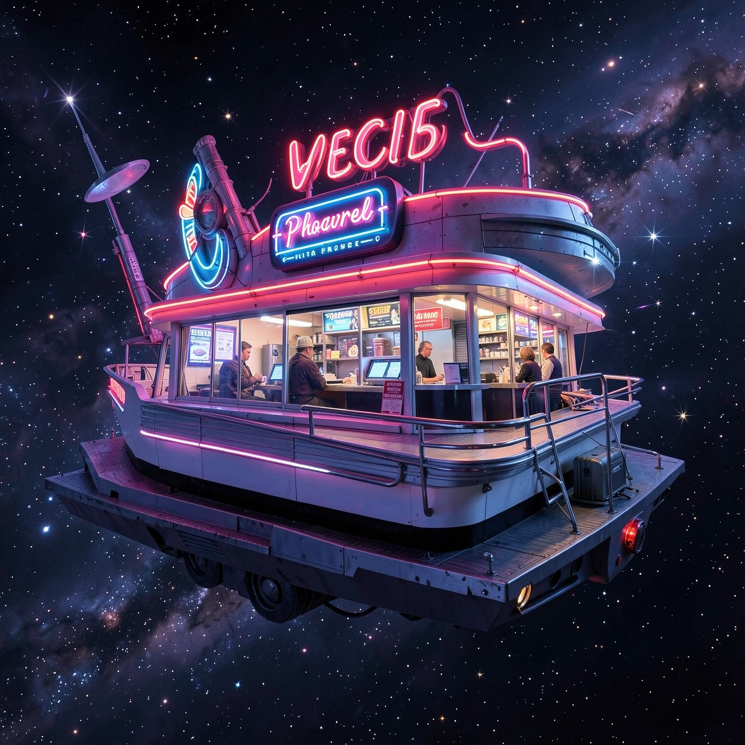 Retro sci-fi diner floating in outer space, neon aesthetic