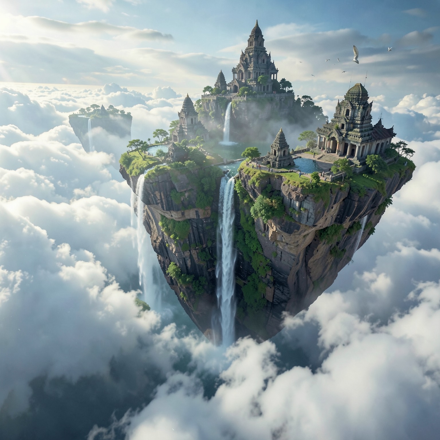 floating islands above clouds with waterfalls and ancient temples