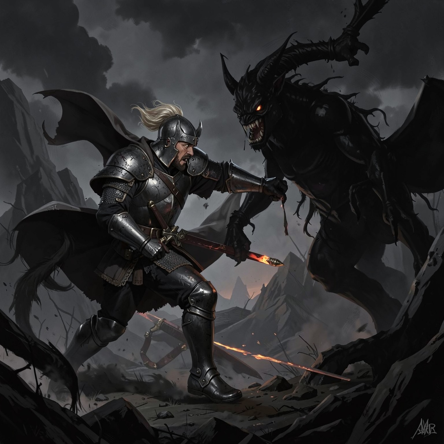 Medieval knight fighting shadow monster