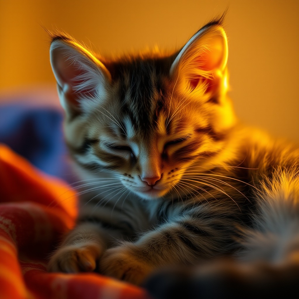 sleepy kitten, warm cinematic lighting, soft glow