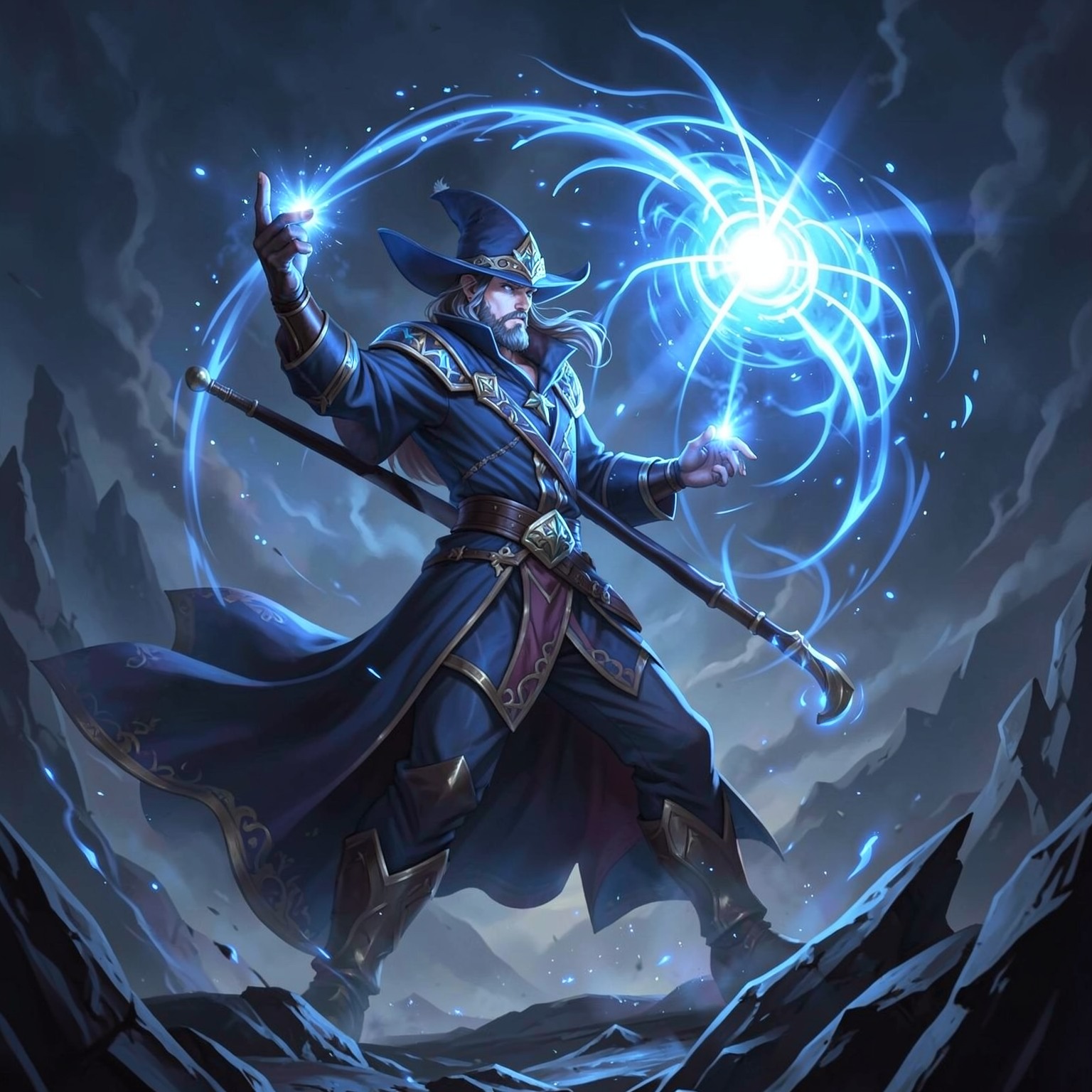 fantasy wizard casting powerful blue magic spell