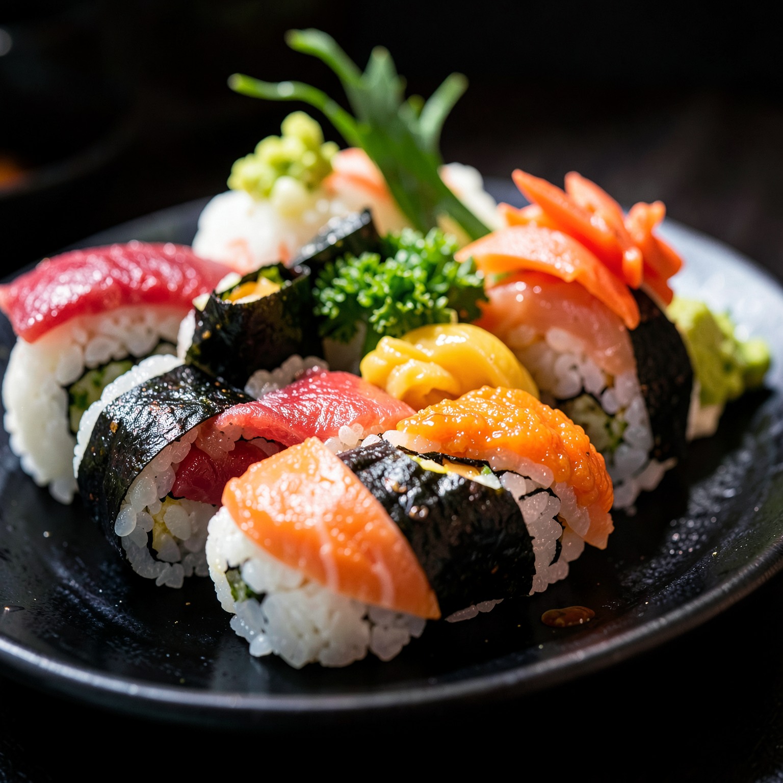 realistic sushi platter macro shot with dramatic lighting