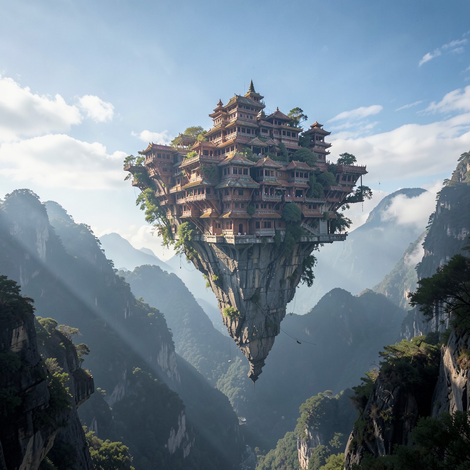 giant floating temple above mountains