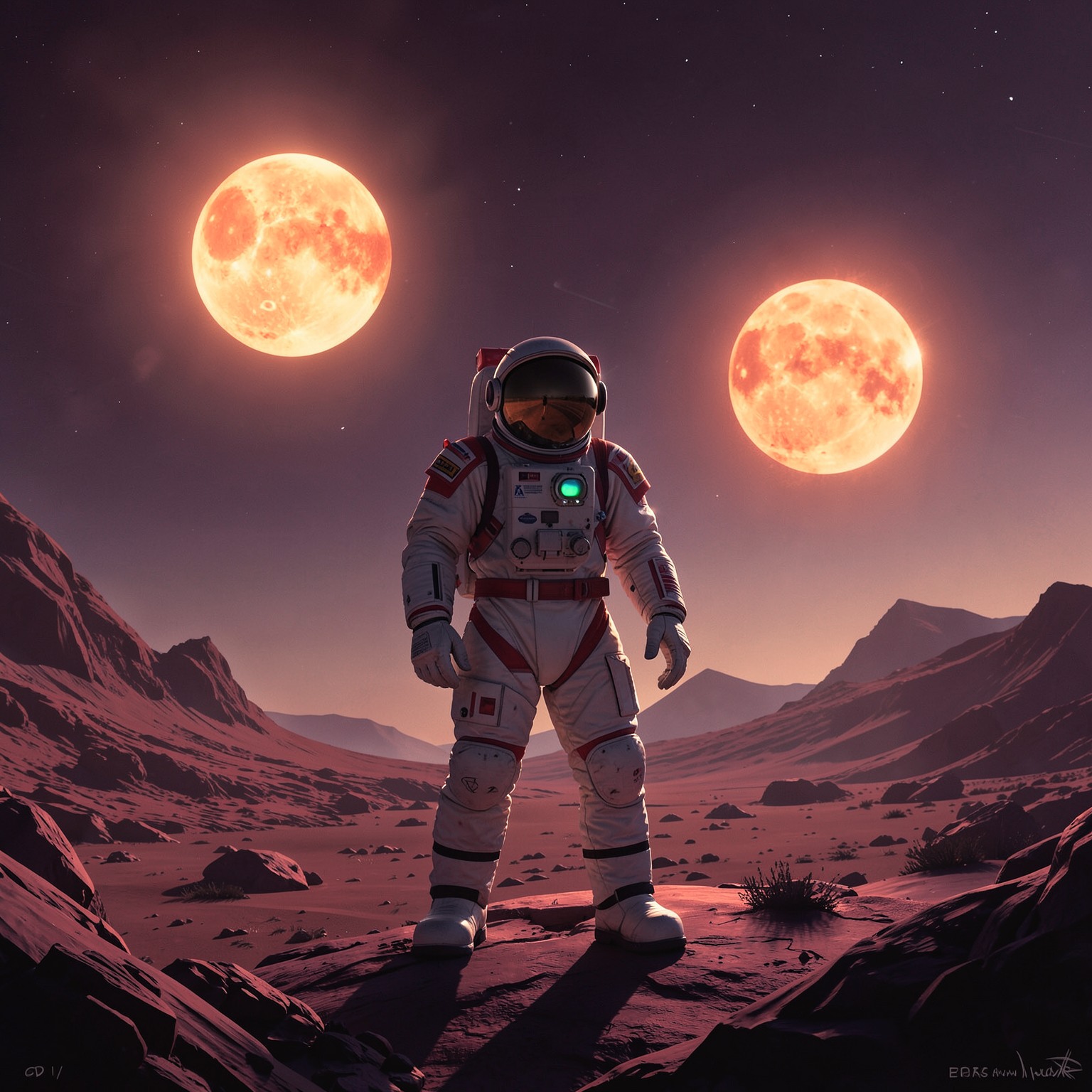 astronaut standing on alien planet with two suns