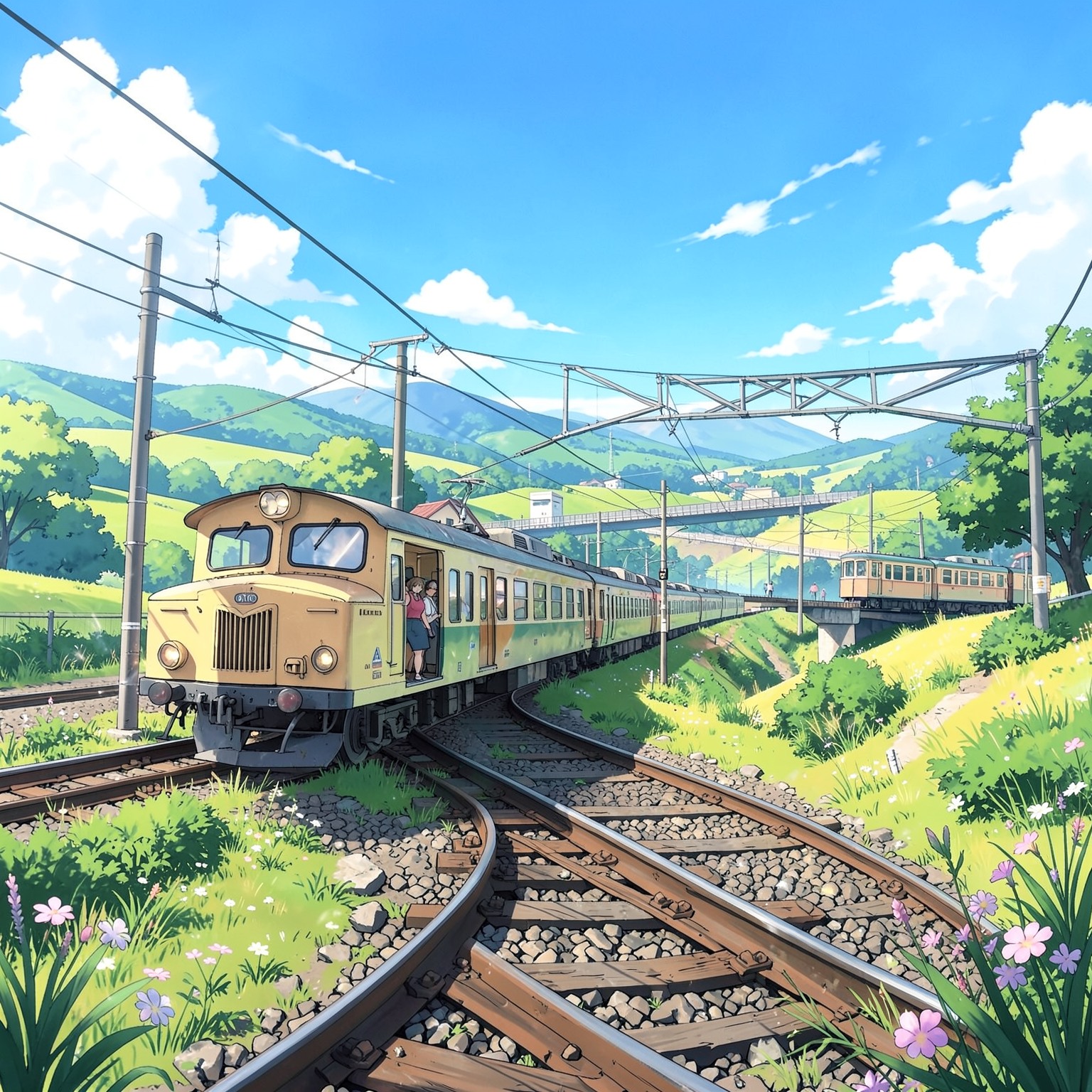 anime train crossing countryside during summer