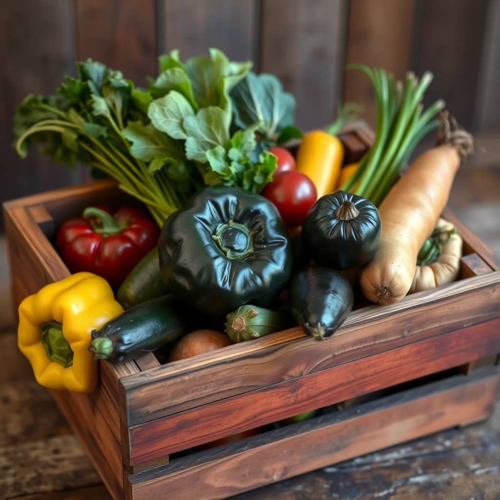 wooden crate full of vegetables, rustic realism