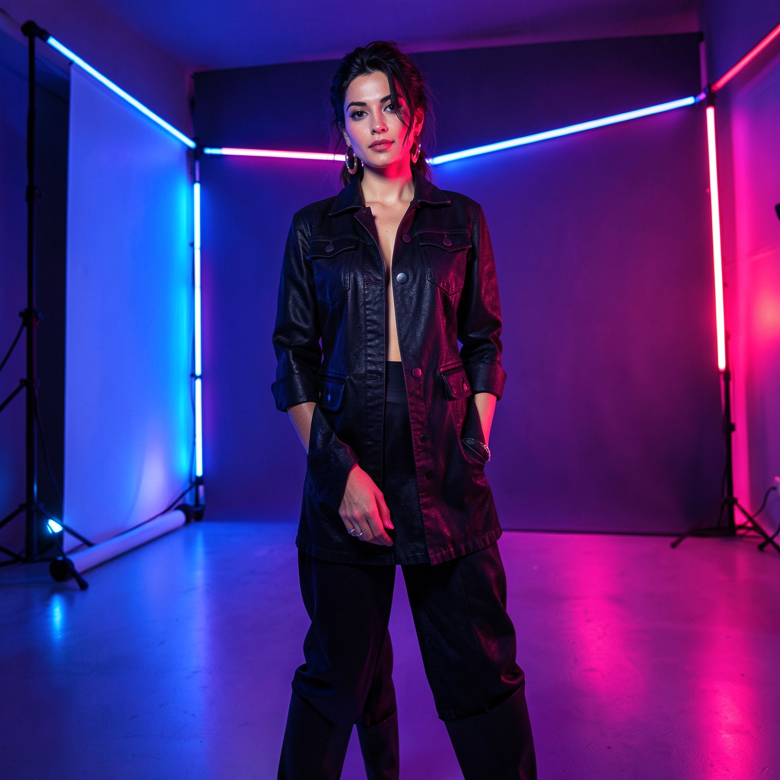 High-end fashion photoshoot in neon studio lighting, editorial photography