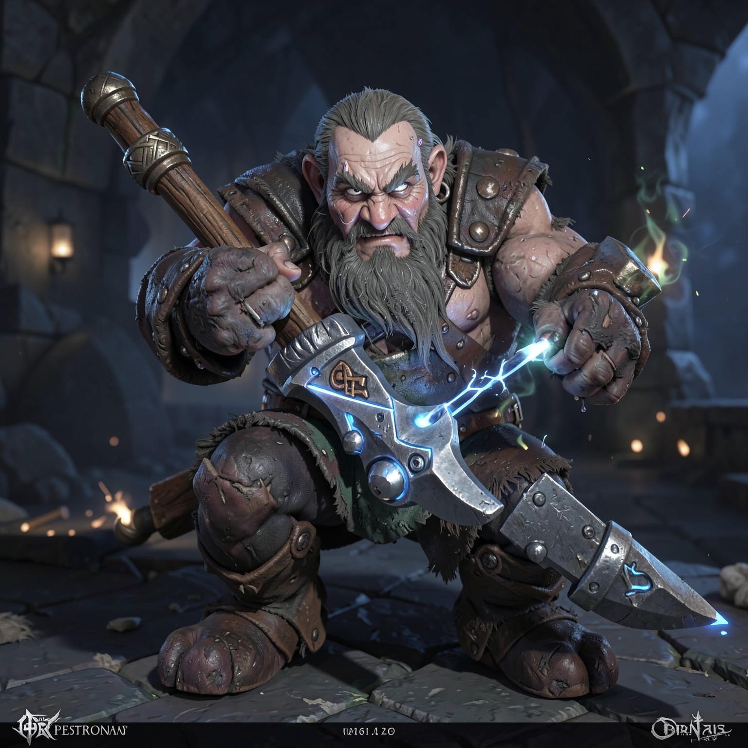 fantasy dwarf blacksmith forging magical weapon