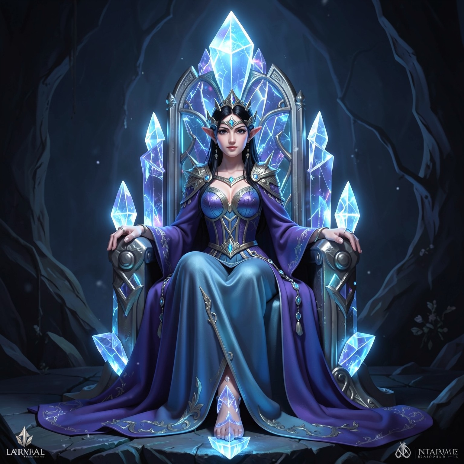 fantasy elf queen sitting on glowing crystal throne