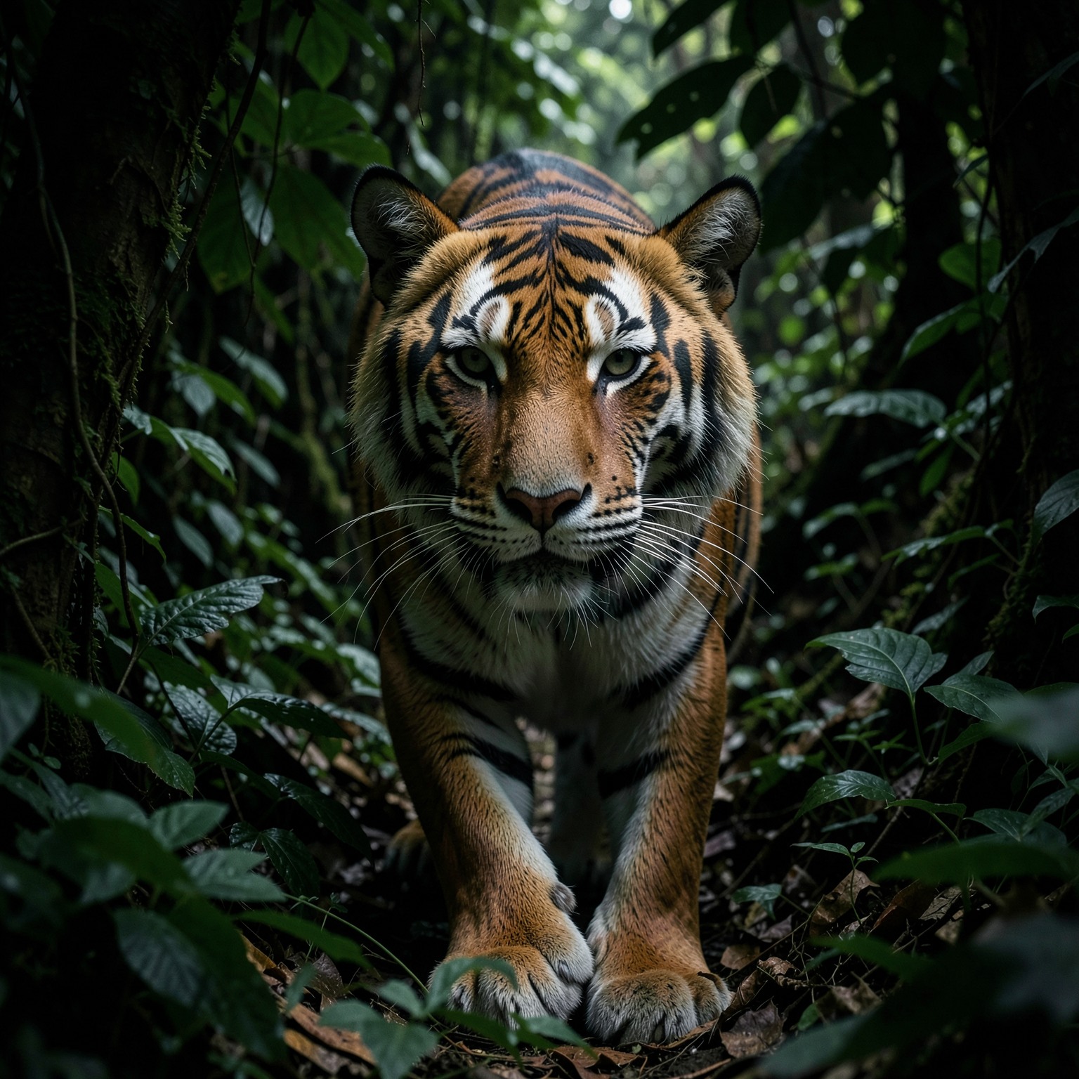 ultra realistic tiger emerging from jungle shadows