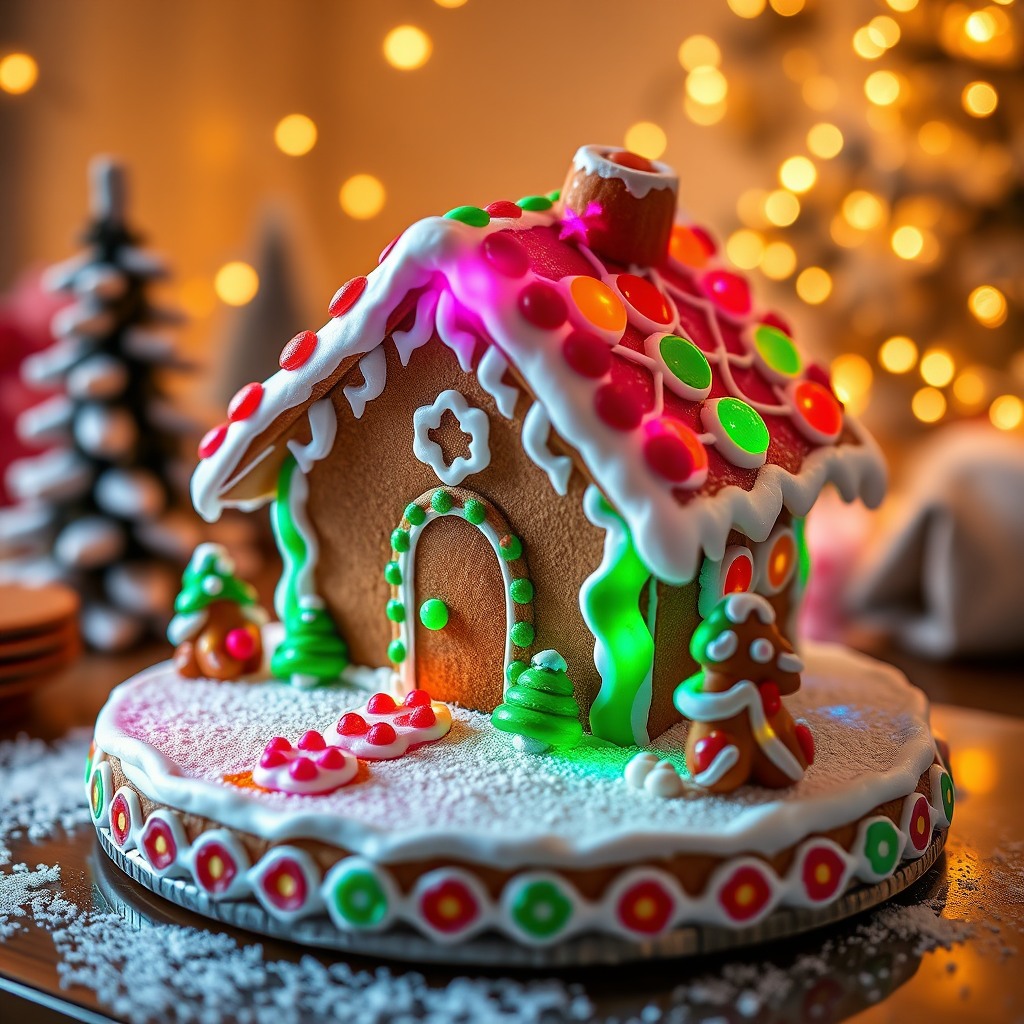 cute gingerbread house, colorful icing, cozy lighting