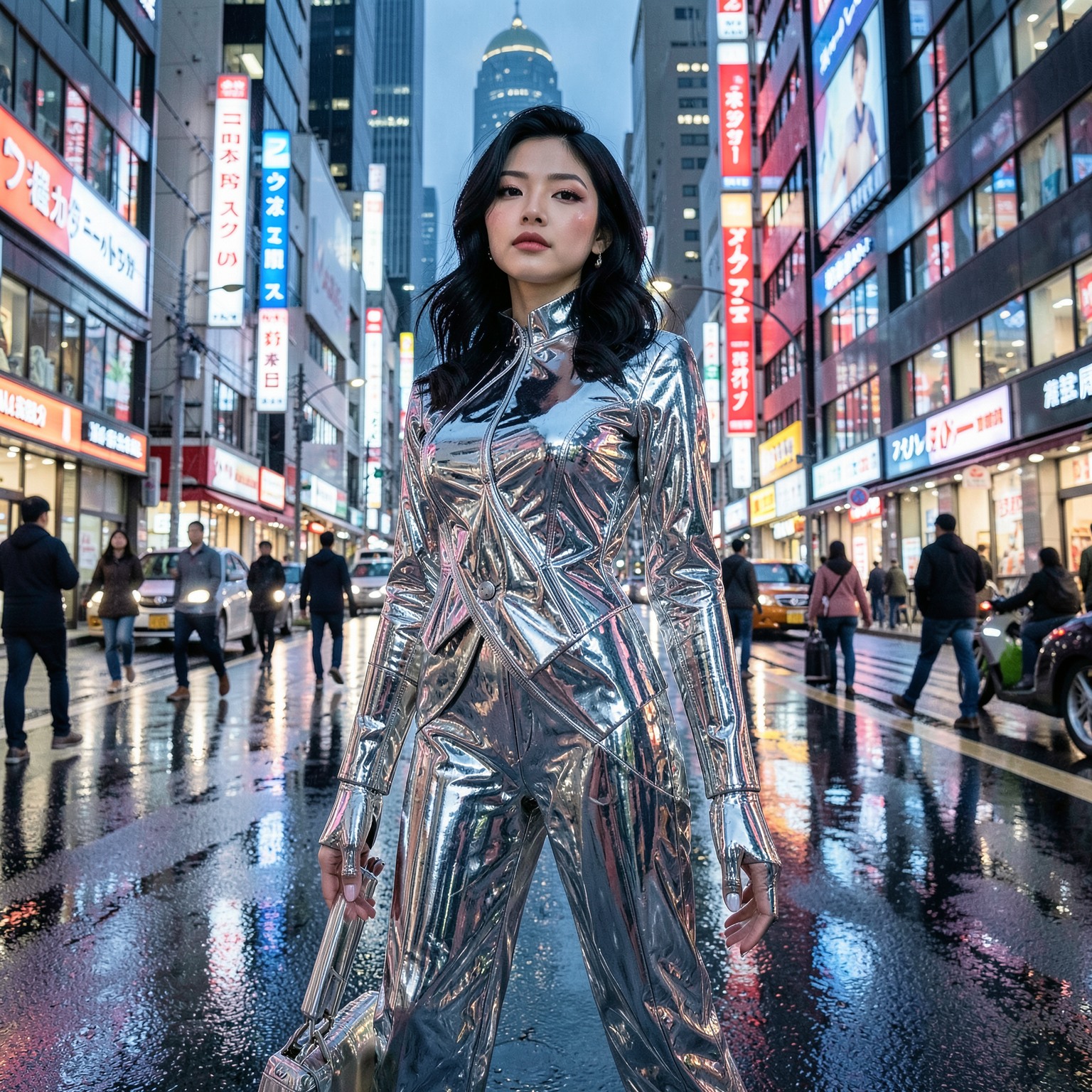 Beautiful woman wearing chrome fashion in futuristic Tokyo street