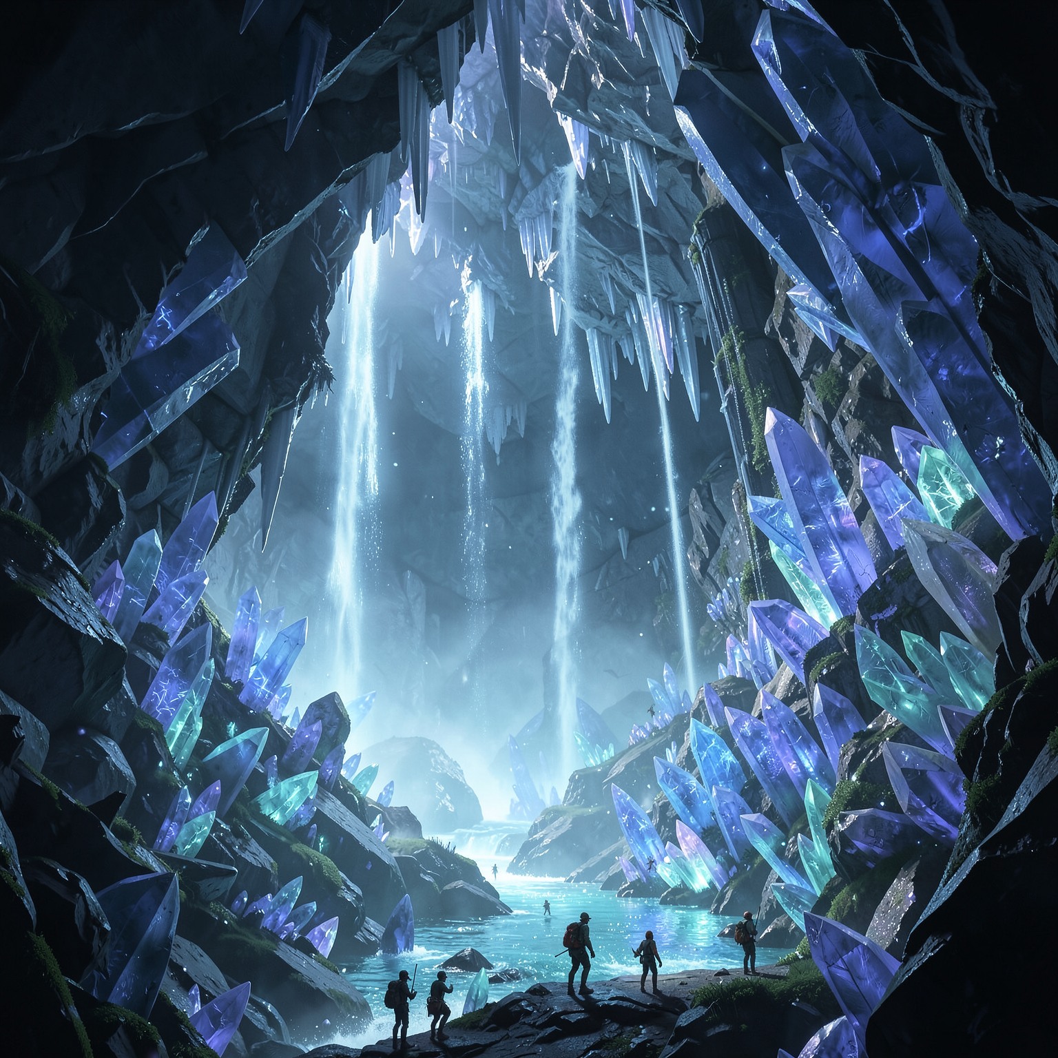Massive crystal cave with glowing waterfalls and tiny explorers, fantasy realism