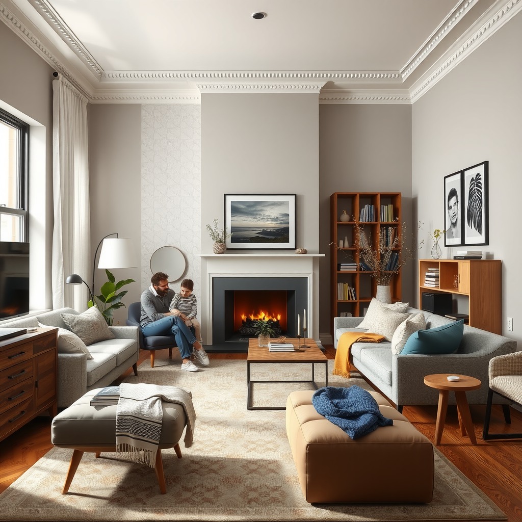 Photo-realistic editorial photography, realistic scene representing a family decorating living room